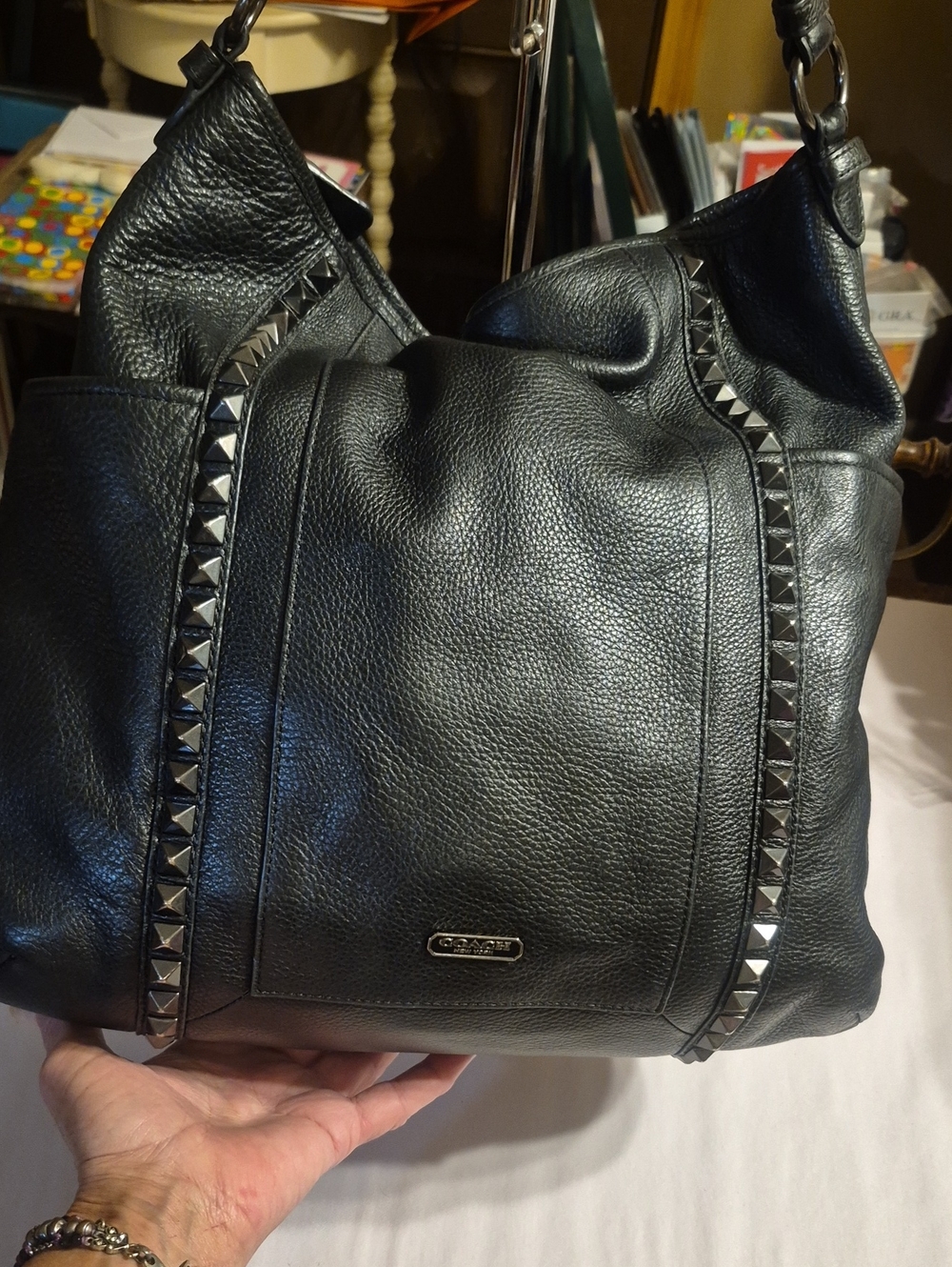 Coach Black Pebbled Leather Shoulder Bag with Pyramid Stud Trim